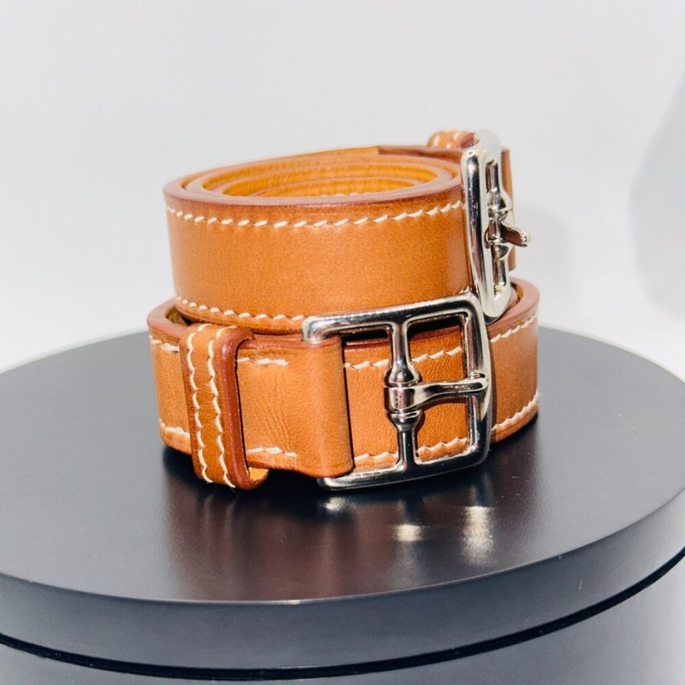Hermès Double Wrap Leather Bracelets Tan w/ Silver Buckle | Designer Jewelry